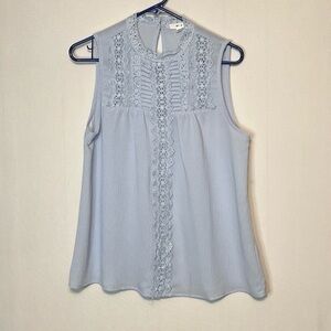 MINE Blue Lacey Tank Top Size Large Back Key Hole Women’s Crinkled Pleated.